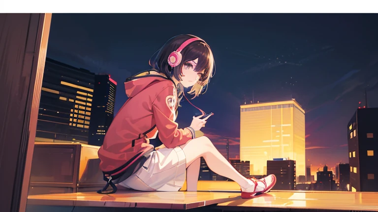 anime girl, brown hair, red hoodie, short hair, shorts, sneakers, sitting down, night time, dramatic lighting, looking at phone, bus stop,