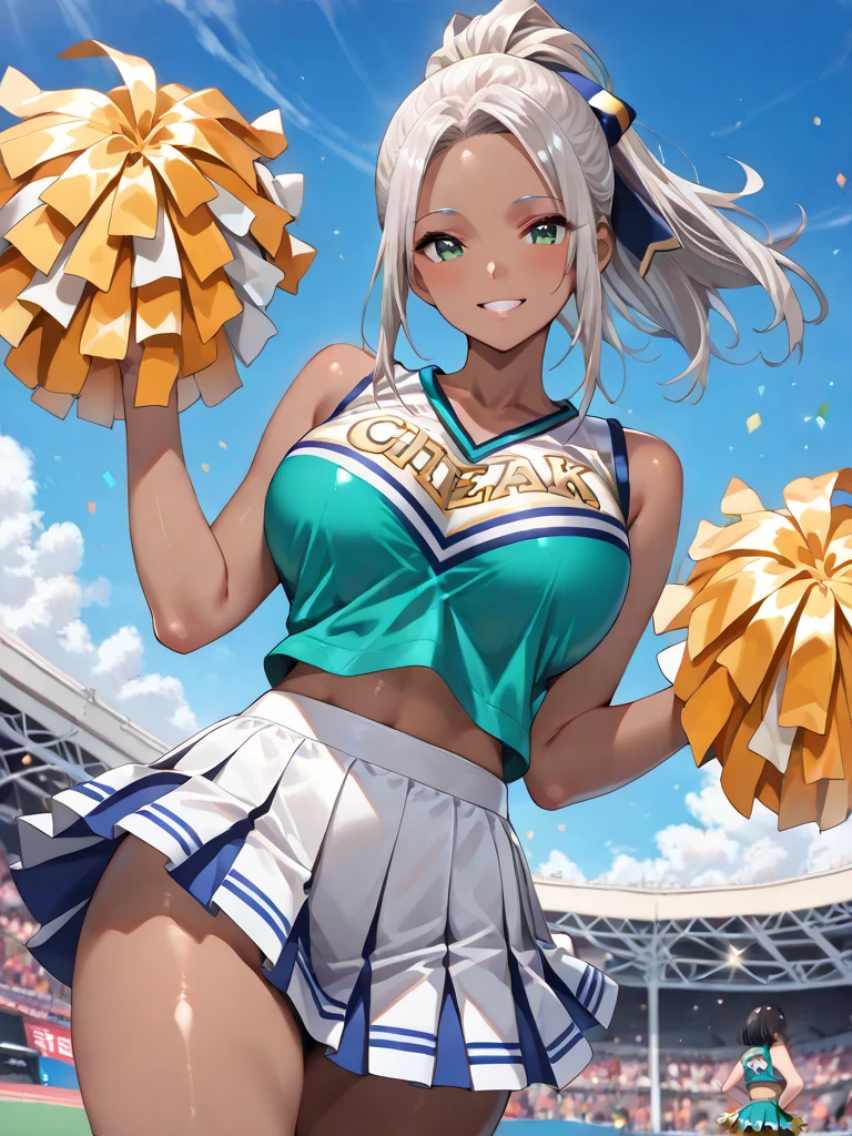 Score_9, rebis style-pxl, BREAK, 1girl, white hair, curly hair, parted bangs, dark skinned girl, very dark skin girl, long hair, low twintails, bare forehead, blue eyes, puffy lips, breasts, thighs, young girl, red cheerleader outfit, midriff, microskirt, cleavage, sports field, blue sky, smile, open mouth, shiny skin, (cowboy shot), body upclose, standing