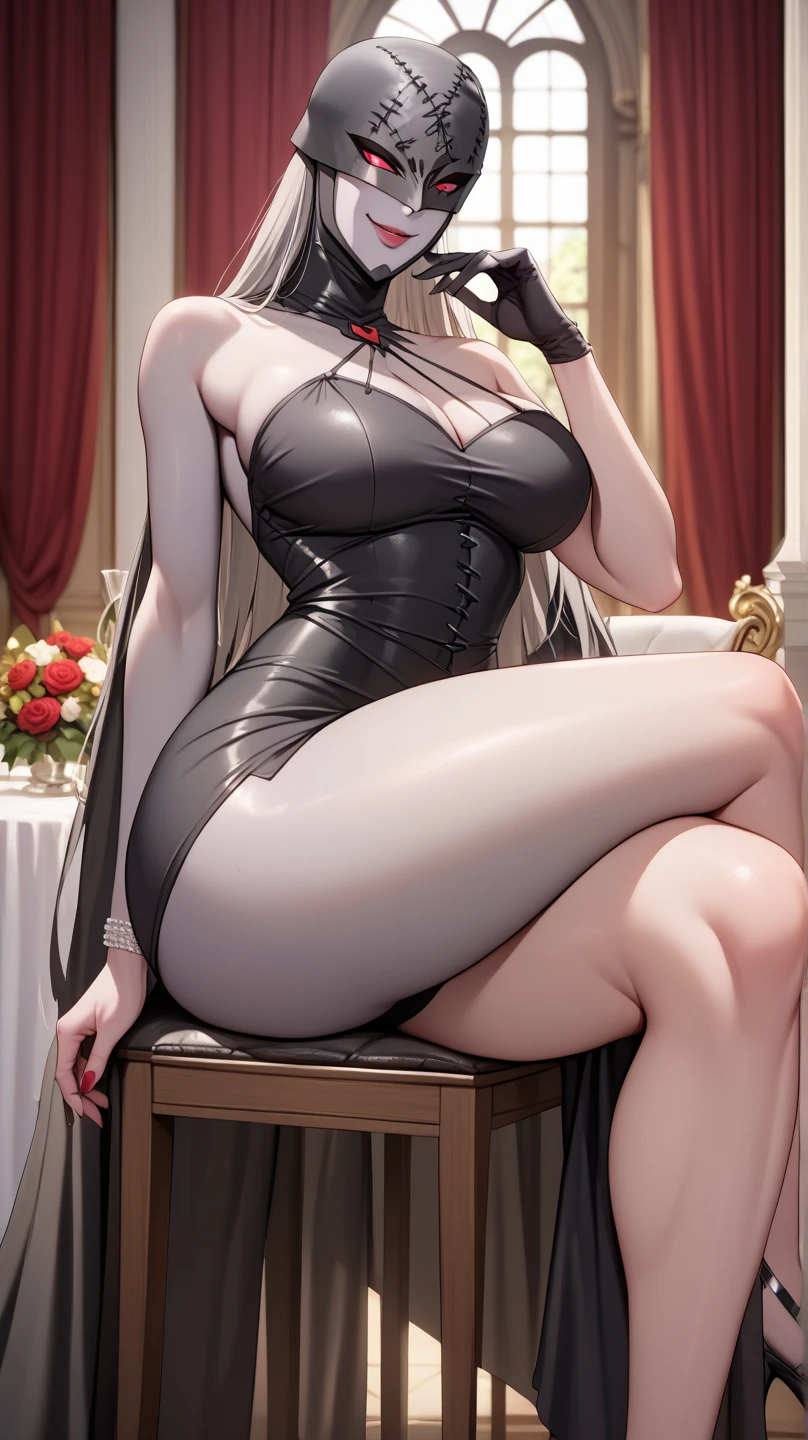 (((Solo))) Vampire woman with short white hair, (red eyes), ((wearing a black dress)), stockings, wearing a red necklace, character is wearing gloves, (mature woman Rachel), large chest, curvy hips, long legs, detailed eyes, ((sitting)), on a throne, perfect hands