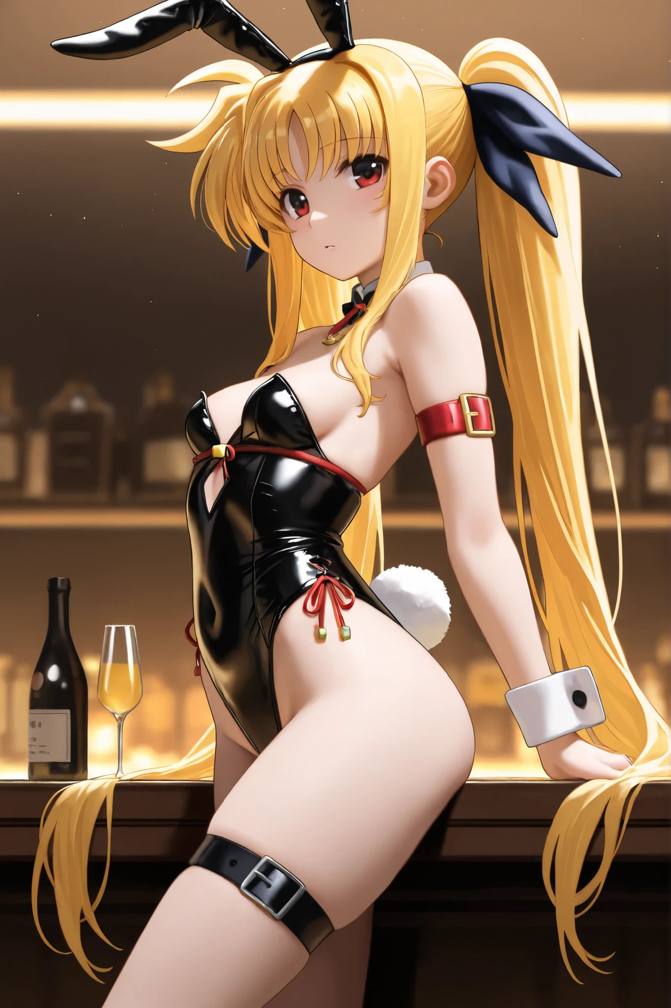 Wearing fishnet stockings and high heeletallic red Playboy Bunny Casino big girl holding a tray of drinks