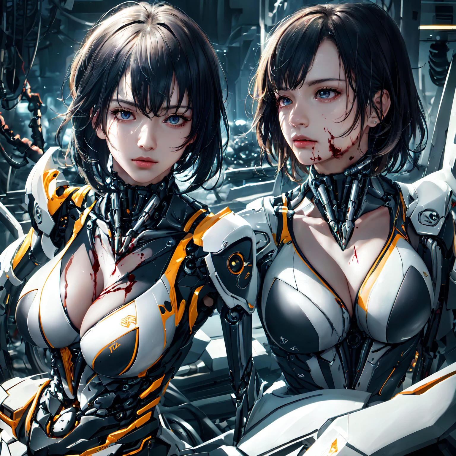Evangelion girl, big, face and breasts raw, cleavage visible. Photorealistic, Portfolio, Gundam-style metal mech suit, cyberpunk, metallic, detailed mecha parts, bunch of thin tubes, metal cylinder, detailed neon, fine LED, gray hair, long fluttering hair, strong wind, orange eyes, shining eyes,