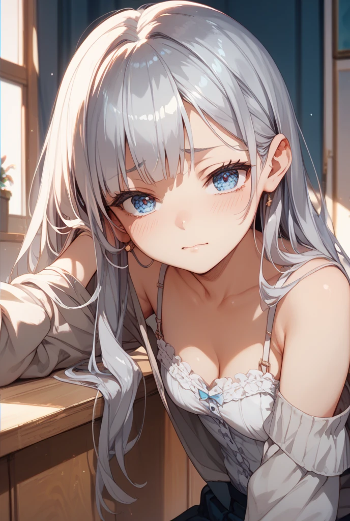 1 female, small cat girl, puffy cheeks, realistic lips oversized white t-shirt going all the way to the thighs, arms crossed propping up breast, hourglass figure, heterochromia eyes, cat pupils, flowy hair, white hair, annoyed, cat ears, in a cabin, best quality
