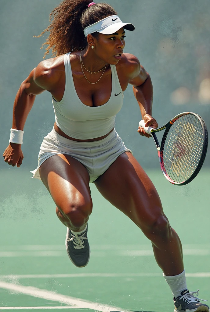 Masterpiece,  1 girl, on the tennis court, Anna Kournikova, Racket in hand, Short top, short skirt,  erect nipples ,big round breasts, Full-length, naked legs, panties under the skirt, Angry look, Angry look, Growls