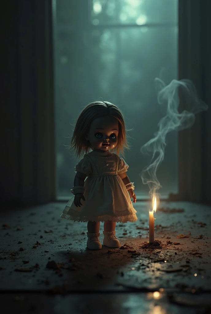 A doll in a wedding dress near a wedding cake terror at night