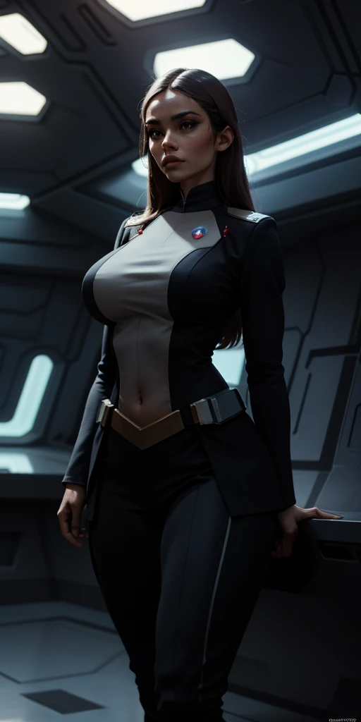 Incredibly detailed wide angle shot shot of a gorgeous and skinny woman with ((EXTREMELY saggy)) big breasts, nipples visible through clothing, a narrow waist, a incredibly supermodel thin body, with VERY narrow hips, super thin legs, (bimbo lips), vivid blue eyes, extremely detailed face, thoughtful expression, (long ((black)) hair styled in bun), Star Wars Imperial Officer black uniform, wearing a white cape, matte paint, atmospheric, dramatic lighting, standing inside an imperial space ship.