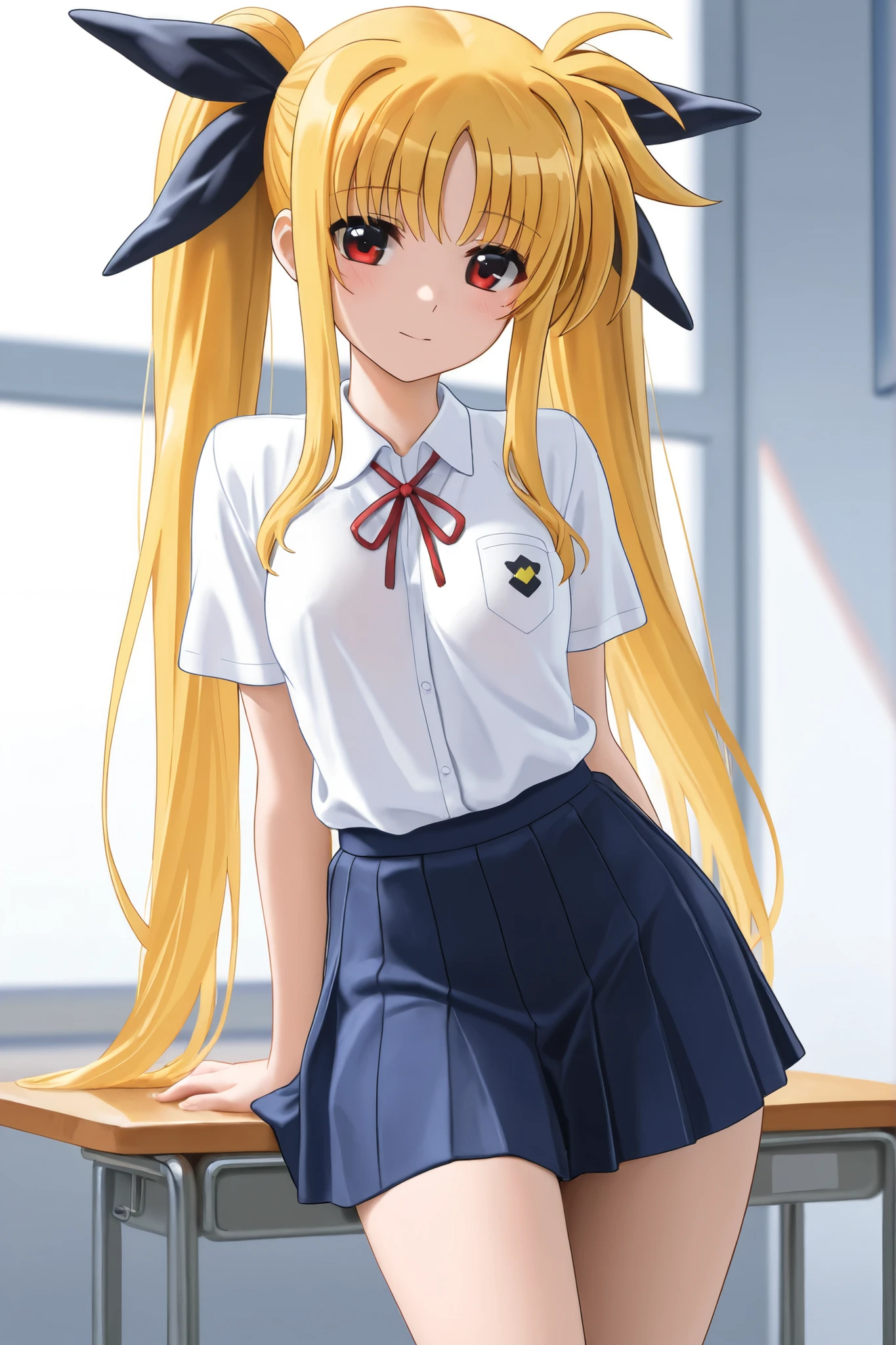 nsfw , Fate Testarossa , lyrical nanoha , (((highres official art))) , (((1girl))) , (((solo))) , (((mostly nude))) , (((blondehair))) , (((twintails))) , (((black ribbon))) , masterpiece, best quality, highres, 12yo,.lawson uniform, employee uniform, shirt, name tag, short sleeves, striped shirt, striped, vertical-striped shirt, blue shirt, vertical stripes, alternate costume,(((lift skirt))), (((skirt hold))) , (((black thong))) , solo,