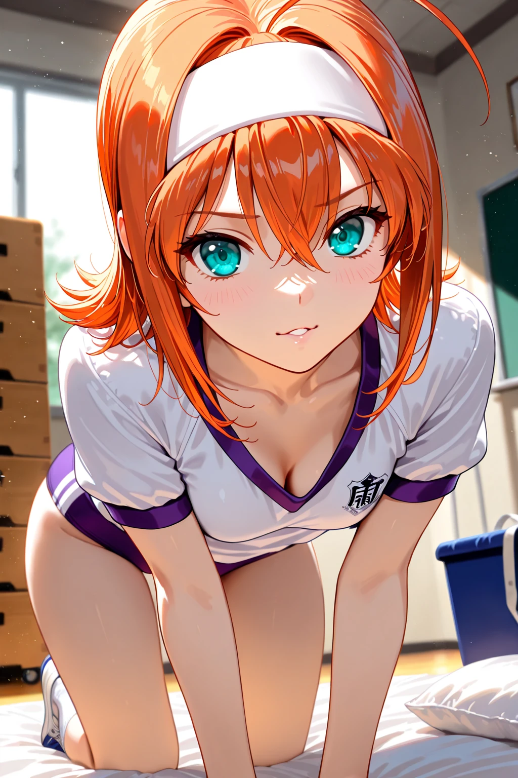 The upper part of the body、an oil painting、​masterpiece、top-quality、hight resolution、Orange hair、I'm running a marathon、Tired and with hands on knees、cleavage of the breast、hotpants、distressed face、Sweaty skin、school ground、blue-sky