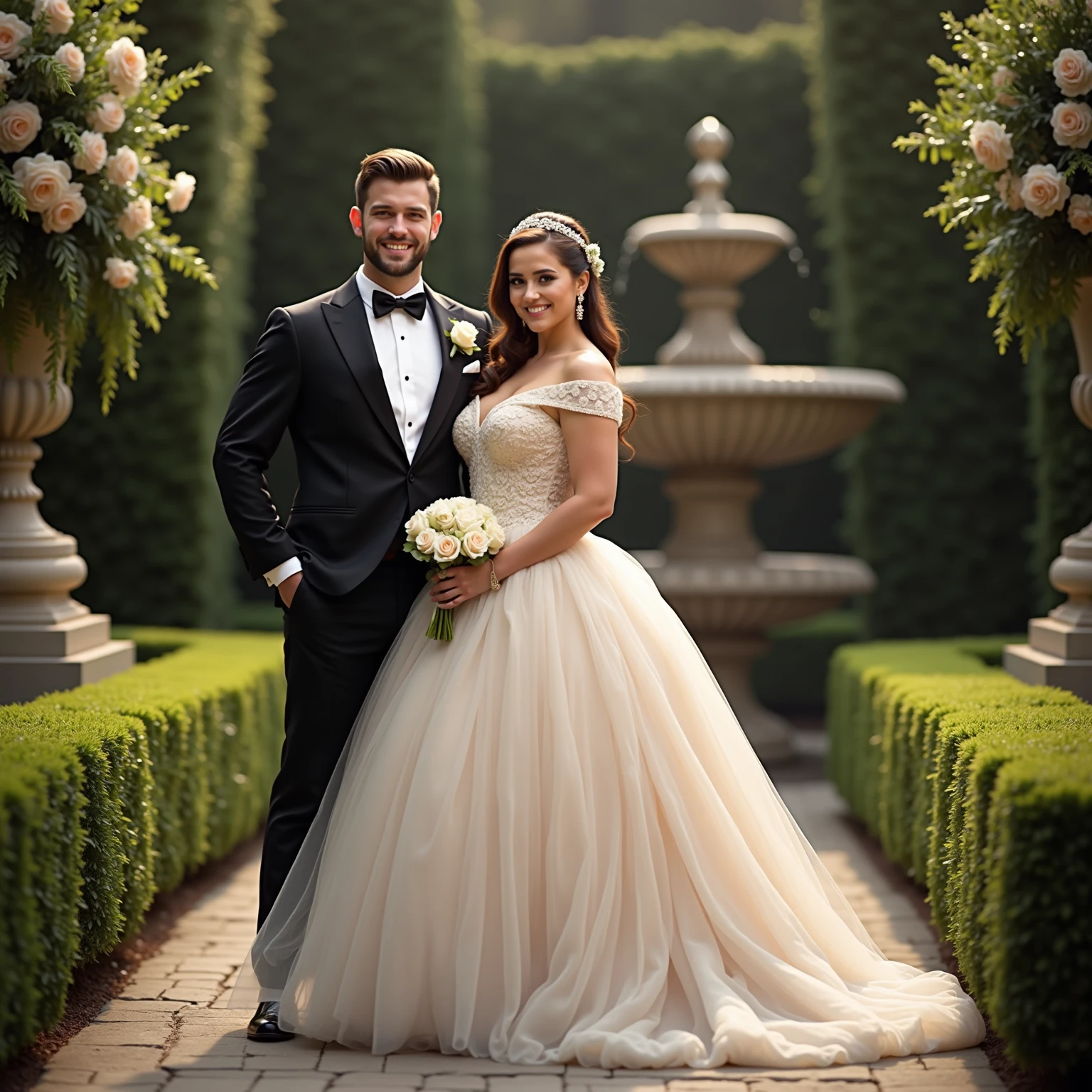 not over plus size bride and groom posing for a photo in a garden, bride and groom, not so big boob for bride, lovely couple, happy couple wedding photo, wedding, couple portrait, realistic, halfbody, hd, loking straight at camera