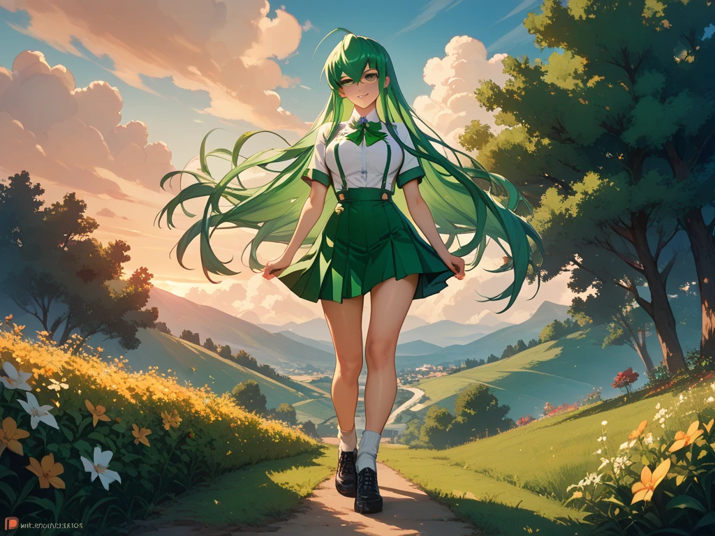 Beautiful girl running, long wavy green hair, joyous, wearing green tshirt, short skirt, happy, studio Ghibli scenery, beautiful summer evening, breeze, bees, green outfield