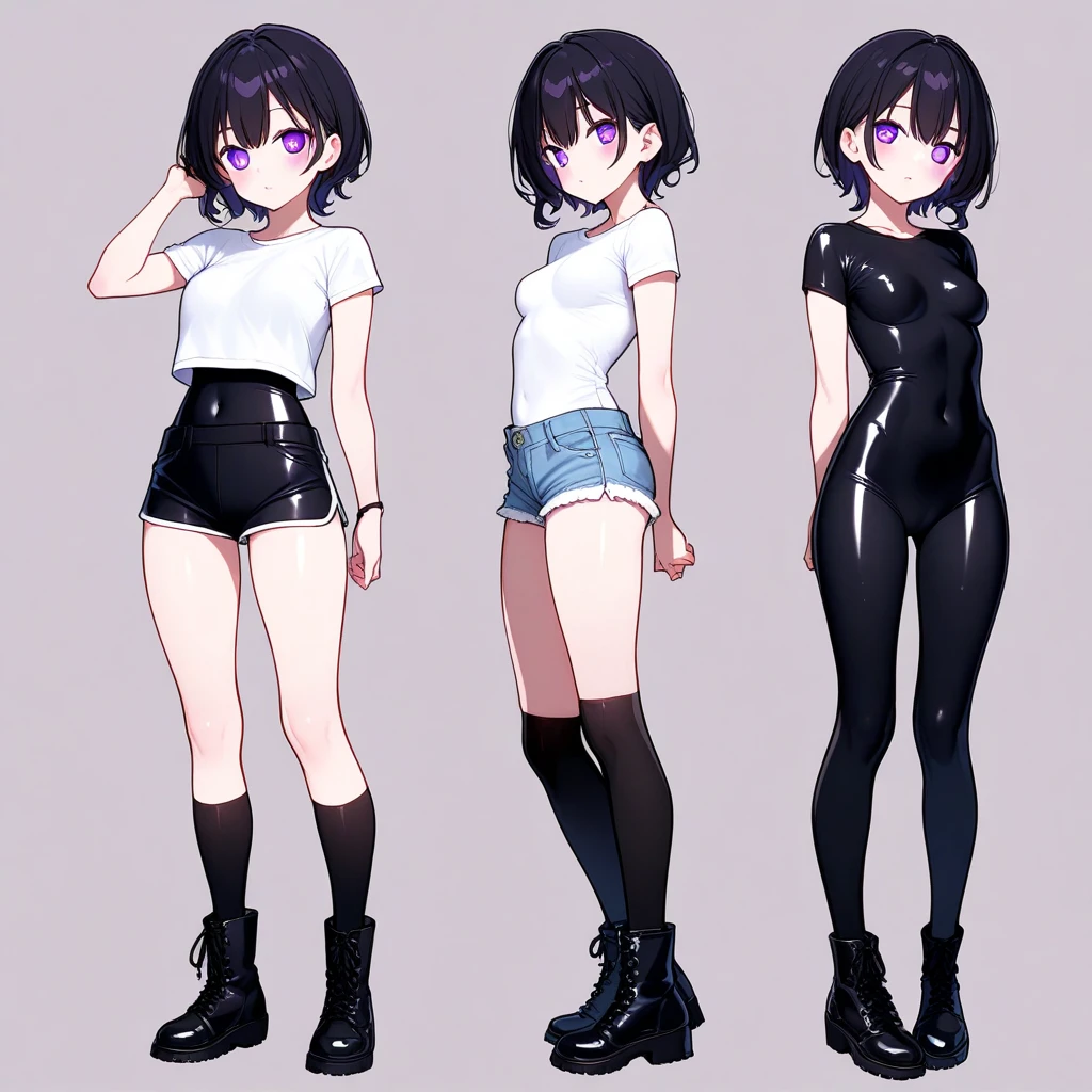 (full body) (same character front, back, side view) (model sheet) (multiple views of the same character), beautiful red eyes, anime woman, perfect anatomy, delicate face, short black hair, skin very white, black nails, black lips, wearing black leggins, small black t-shirt, black choker with spikes, black bracelets