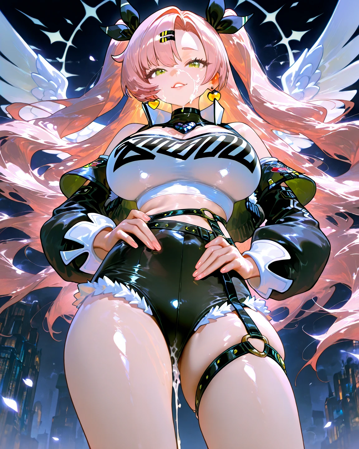 1girl, wide hips, large brests, breasts, thick thighs, pink hair, long hair, headphones, hair ornament, ornament, blue eyes, serious, angel wings, angel, wings, bodysuit, white bodysuit, pantyhose, black pantyhose, tech, futuristic, machinery, science-fiction, neon, neon trim