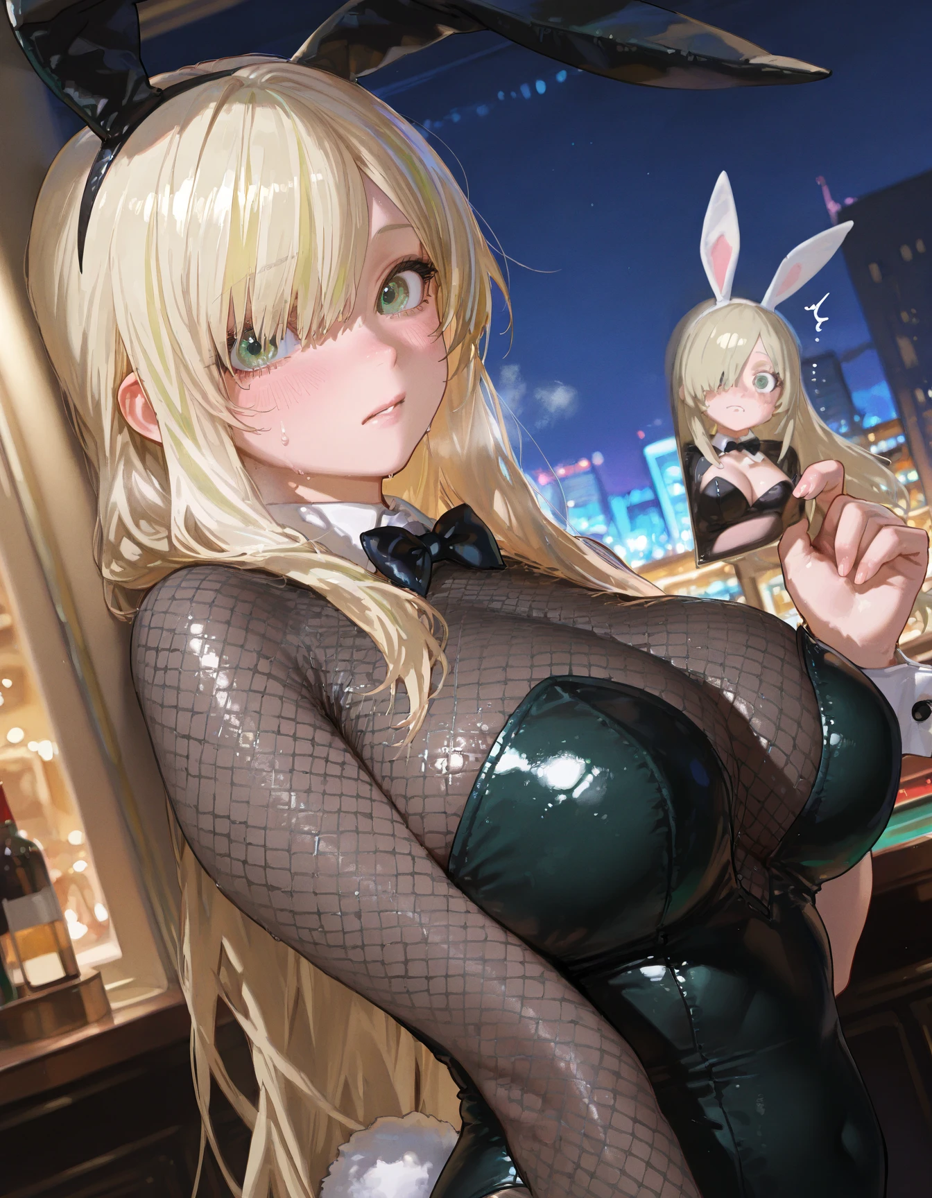 (Five Fingers, 4fingers and 1thumb), Transcendently Beautiful Girl, (masterpiece face, masterpiece eyes:1.1), (long Blonde Hair), BREAK, Flat_Chest, Huge_breasts, wide_lower back, Open your mouth and laugh smile, long eyelashes, makeup, BREAK, Bunny Girl, Rabbit ear, Rabbit tail, Enamel Leotard, wrist_Cuffs, bowtie, high_heels, BREAK, (Bare arms, Bare shoulders), BREAK, (fishnet tights with large mesh:1.3), Casino, Roulette table, Lots of coins, Masterpiece, best quality, captures a super cute moment, depth of field, ultra detailed, ultra high resolution, C4D, Octadale, 3D modeling, 8k, 16k,