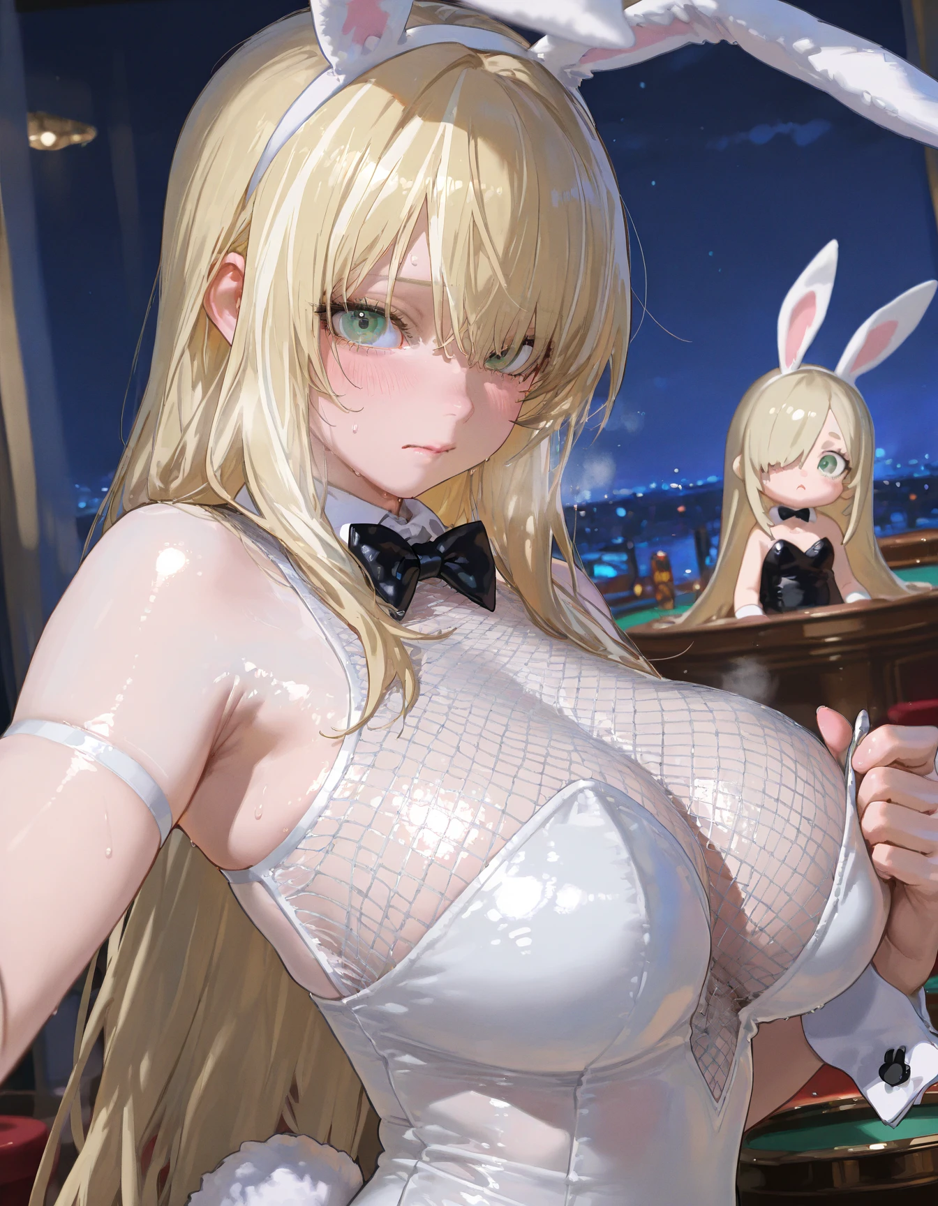 1girl,best quality,high resolution,ultra detailed,playboy bunny,bowtie,asuna(blue archive),halo,big breasts,tights,blue leotard,white long gloves,casino,white rabbit ears、(((nsfw、topless))))