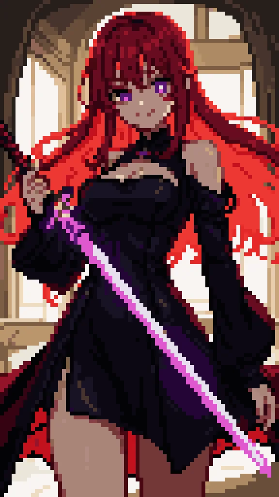 a perfect sexy girl kimono long wavy red rolled hair and wears short red kimono shows navel and tight black pants and red shoes carry a big sword filled with chopped edge
