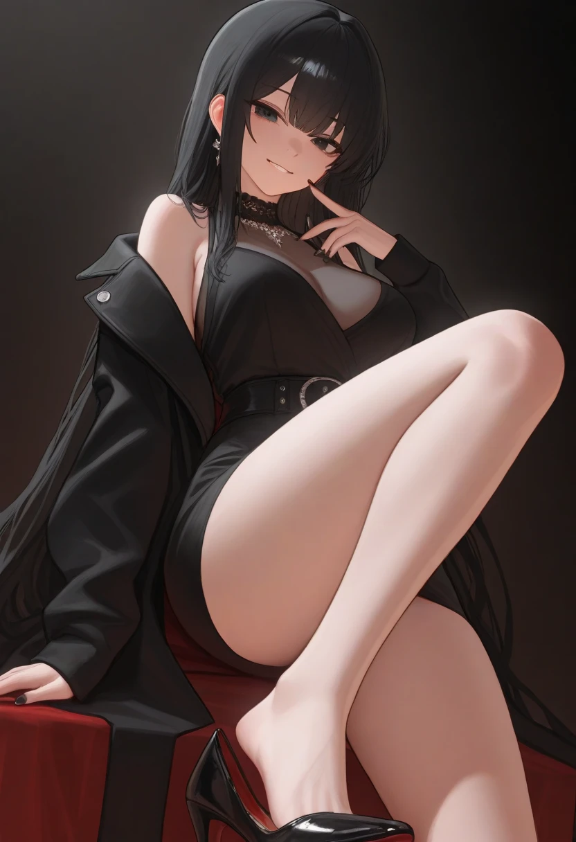 Long black hair, all-black full-body cheongsam, obvious eyeliner, small breasts, long legs, cat ears, sitting cross-legged