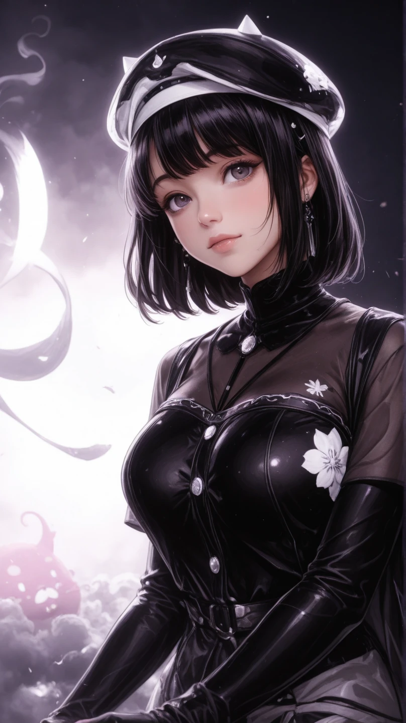 Surreal、A masterpiece of delicate and detailed line drawing、Highest quality、Highest quality、(One Woman、、(Big Breasts:1.1)、(Black Hair、Hime cut, short hair:1.2)、(Natural Makeup、Eyelash extensions、Draw eyelashes sharply、Eyebrows are thin and short、Deep orange blush:1.1)、(Gazing at the audience, Spaced out、Looks sleepy、Mouth open、Slightly red cheeks:1.3)、(Simple black hair accessories、Gothic dress with exposed chest:1.3))、Dark Rose Gardens、Purple Rose、(Blur the background:1.3)、(Top view of the subject:1.1)、Photo from thigh up