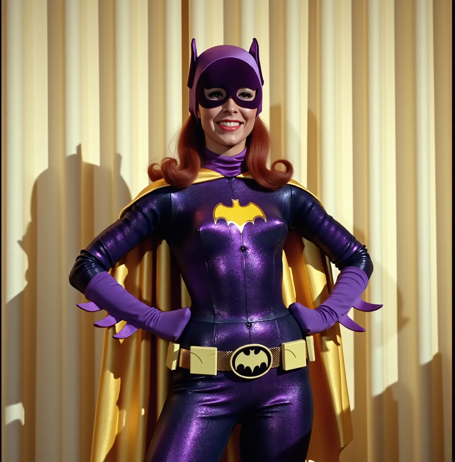 yvonne craig woman, she is desperate, her waist is squeezed by a red belt which contracts and squeeze her body, she cant move while her waist is squeezed by the red belt, she is standing in pain with her shoulders shrugged, screaming with her eyes wide open looking to camera, she is in pain, we see her injures, 60's style, analog film, medium shot, on grass, film grain