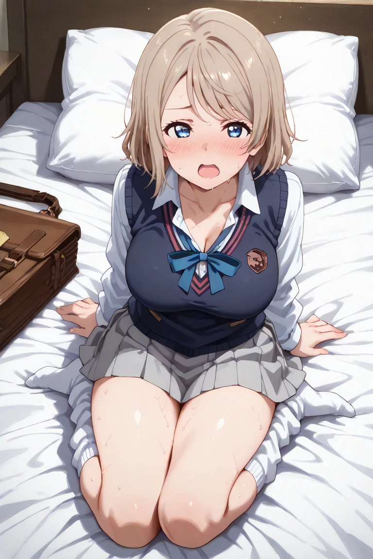 1girl, solo, solo focus, sitting on floor and hugging own legs, pleated_white_skirt, big breasts, full body illustration, clear line, lineart, bedroom