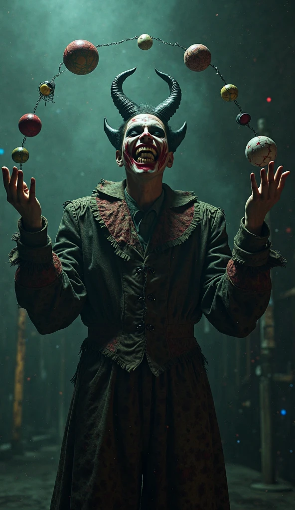 A circus-themed demon clown with fiery makeup, green demonic smoke rising from his face, and circus attire. The background is a dark, twisted circus tent.