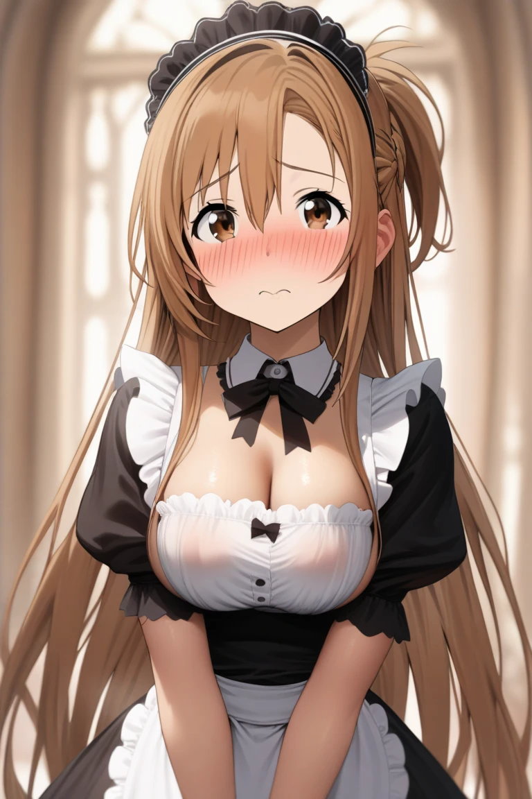 High resolution,masterpiece, Highest quality, Kuo Shenlin , heterochromia , Brown hair, (((nsfw))) , (((busty))),1girl, sensual body, Her cheeks flushed , apron ,