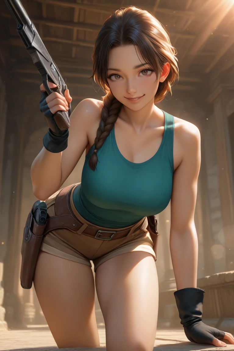 Elaizaikedareal, 1girl, solo, short hair, skirt, blonde hair, red eyes, gloves, ponytail, weapon, pantyhose, hairband, boots, holding weapon, gun, black pantyhose, rifle, one knee, sniper rifle, scope, shell casing