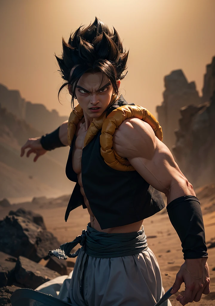 goku in ultra superior instinct mode, facing naruto in his senin mode in a desert at sunset, 8k image, ultra realistic, cinematic.