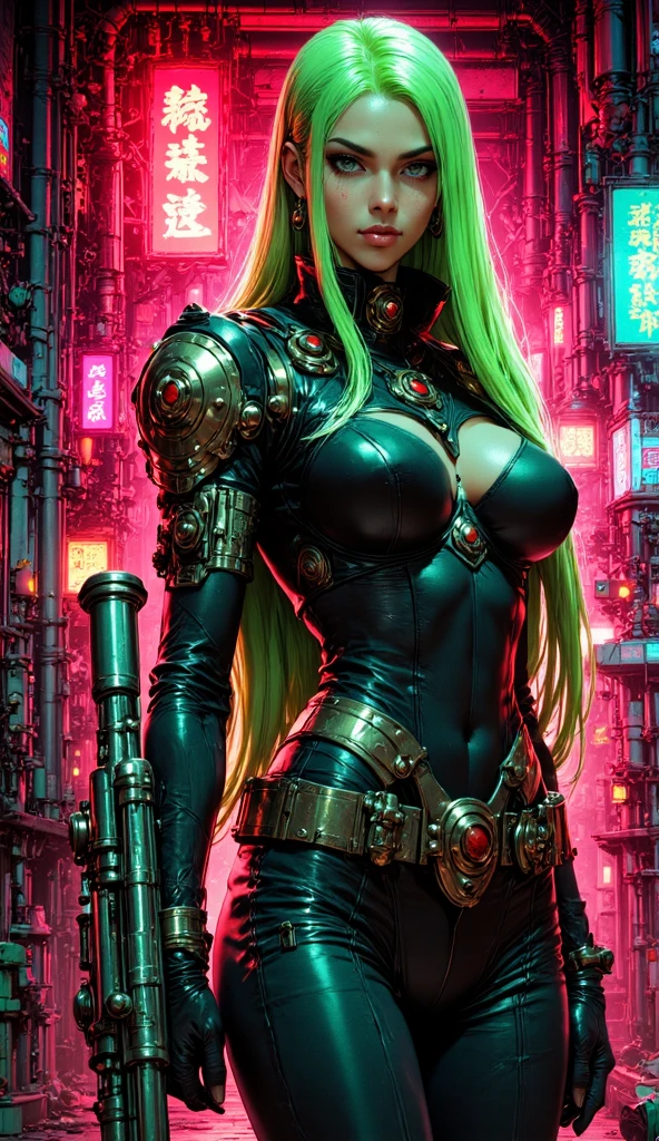 very sexy girl, long green hair, punk look, with mechanical wings, flies over a futuristic city:1.5 (art inspired by Bill Sienkiewicz). oil painting)