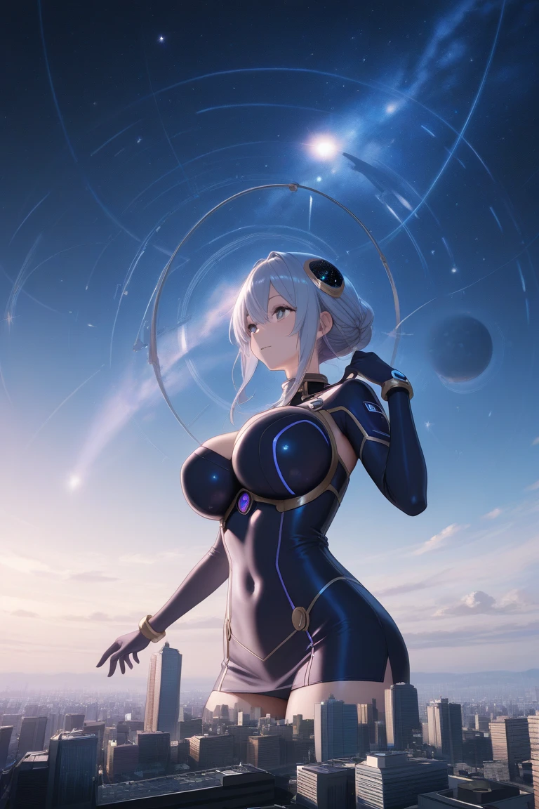 absurd res, high resolucion, (Masterpiece:1.4), Ultra-detailed, gros plan, 1 fille, avec, combinaison spatiale, et, casque, from above, espace, flottant