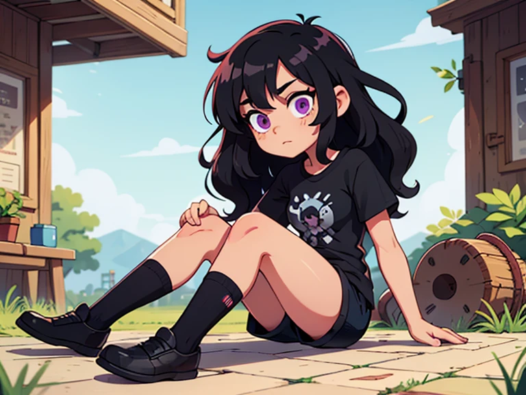 chicha with shorts and very very big thighs, a white short top shirt and the letters "xxx" in the center. look like a naughty and mocking girl, black short hair with pigtails, yellow eyes and black pupils, with a pose with both hands on her waist and semi-crouched. atmosphere: her leaving a comic-con, accompanied by her mocking smile