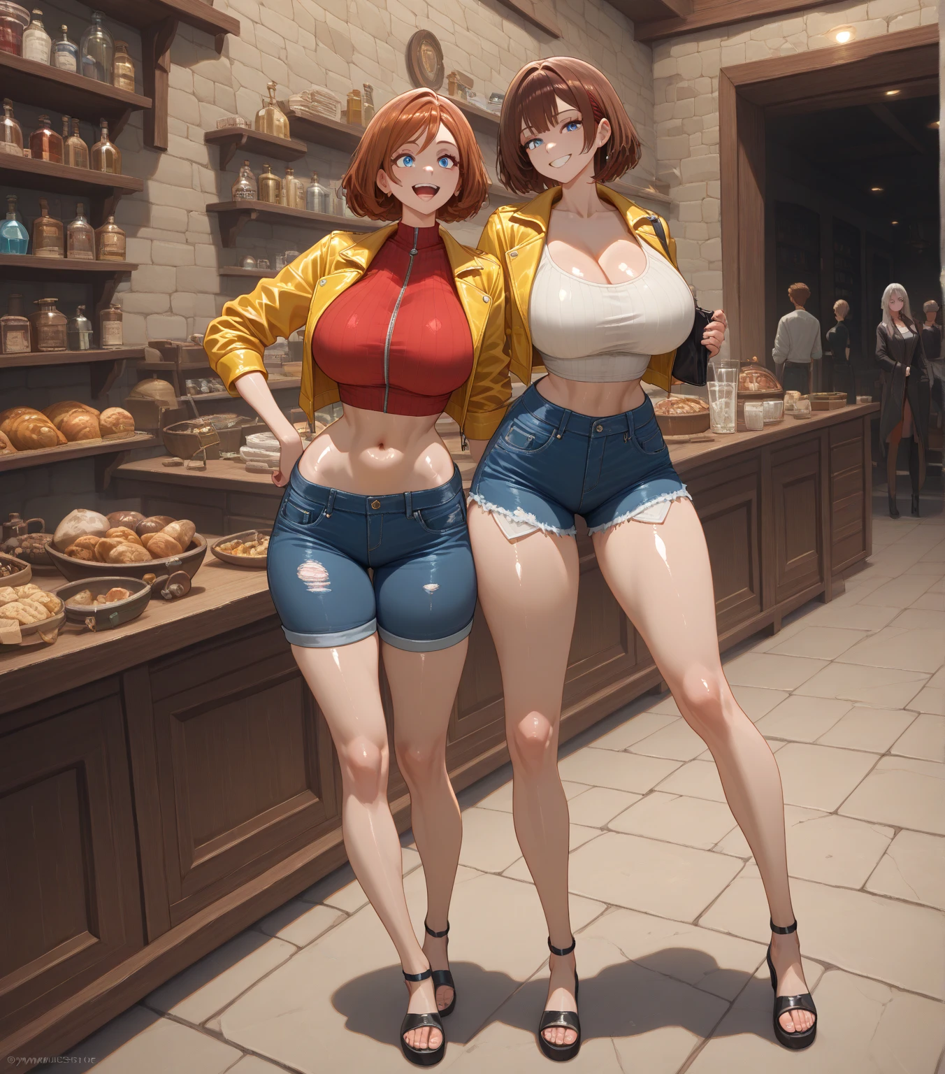 A woman wearing a tank top and saggy jeans eating a taco at a taco shop Jeans have belts Belly button piercing Jeans have a zipper from the crotch to the butt There are side slits Big butt Detail the buttocks