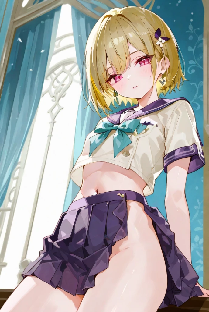1 girl in, purple color hair、Purplish pink eyes that dreamers desire, (Blonde hair) , small stature, Colossal tits, Lori, (masutepiece:1.2, Best Quality), (finely detailed beautiful eye: 1.2), (beautifull detailed face), (perky chest:1.1), (pointed chest:1.0), (cakes magazine cover:1.3),(Best Illumination, extremely delicate and beautiful), sexy pose,make a cocktail , in a bar counter, ((Cinematic Light)), Dramatic light, (Pale white background:1.5), Short bob hair(1:3)、Ultra Contrast、Braid a little around the ears, White long dress、only has 5 fingers、Her pussy is visible through the white thong、Wet pants、You can see inside your underwear、full of sweat、mocking look、diaper、nffsw,Arms crossed、grab the arm、Shoot from below,Best Quality、Large breastuscular pussy、Pubic hair,high-level image quality、hightquality、8K,perfect hand、5 fingers、finger pin、Perfect Finger、T back、?????、noise cut、bullet hand、Her hair color should have been a brighter purple.The skirt part is also carefully expressed..、Purple skirt、the skirt is floating in the wind、Dark purple panties、Pubic hair majority,(with sparkling eyes and a contagious smile),open mouth,from below:1.2, highest quality, high resolution,Real World, Natural light,perfect Natural light, Looking at Viewer,