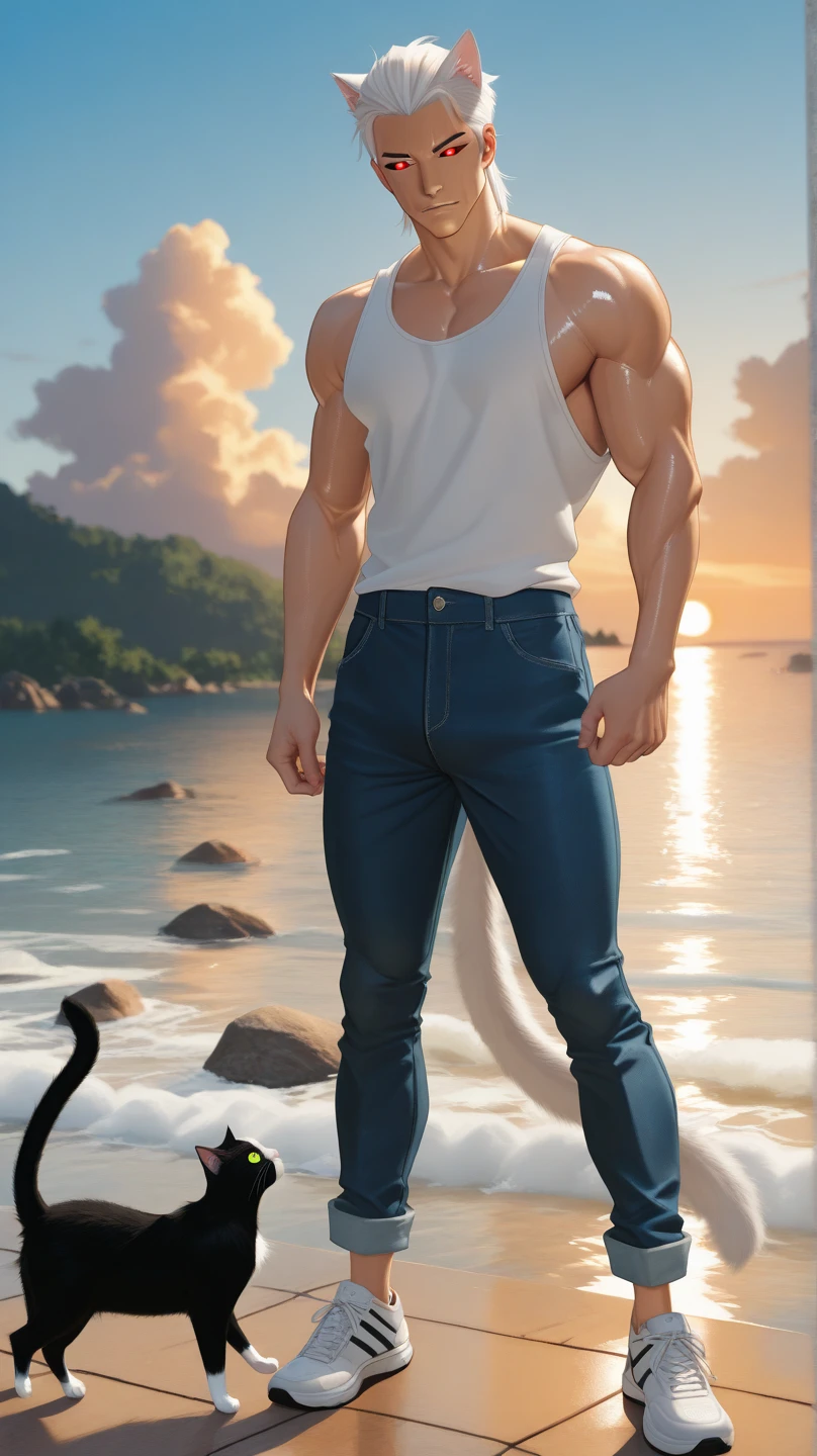 solo, male, buff muscular, eastern dragon, scalie, orange dragon, beige short hair, (detailed hair: 1.2), hi res, soft shading, (grin expression), ( solo 1.1) (detailed), (masterpiece: 1.2), ( full body head to toe show), topless, hands behind his head, wearing a super tight jeans, ( blue tight jeans: 1.1), (shiny sparkling magical golden brown cowboy boots: 1.1) erect bulge, (detailed bulge), (penis outline bulge), frontal view, at a beach by chunie by TopgearAE86turbo