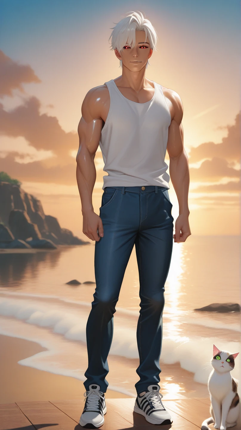 (dynamic lighting), (75mm), (realism), (realistic)), (depth of field), (UHD), (32k), (Mastepiece), (highres, high resolution), (Advanced facial details), (shiny skin), (photorealistic), (dslr), (soft lighting), (high quality), (clearly face), ((full body shot:1.5)), (finely detailed face), (top quality), (Best Quality), muscle man, Detailed baldness, tractor head, shirtless, (Jeans with huge penis bulge), Take the whole body, Walking posture Manly, Look at the camera, (Make eye contact), manhood posture, Manly deportment, Have morals, masculinity, manhood, very detailed facial parts, very detailed neck, Manly, waterfall background, happy expression, professional photos, soft focus, very detailed, Ultra high resolution, perfect anatomy, The body is very symmetrical, Highly detailed, detailed face, Detailed eyes, proportional eyes, very detailed mouth, Leaky abdomen, thin, small waist, realistic, human skin, handsome chad chin, Be a man, human skin, handsome, charming, Photo taken from the front, perfect composition, very detailed hands, very detailed fingers,