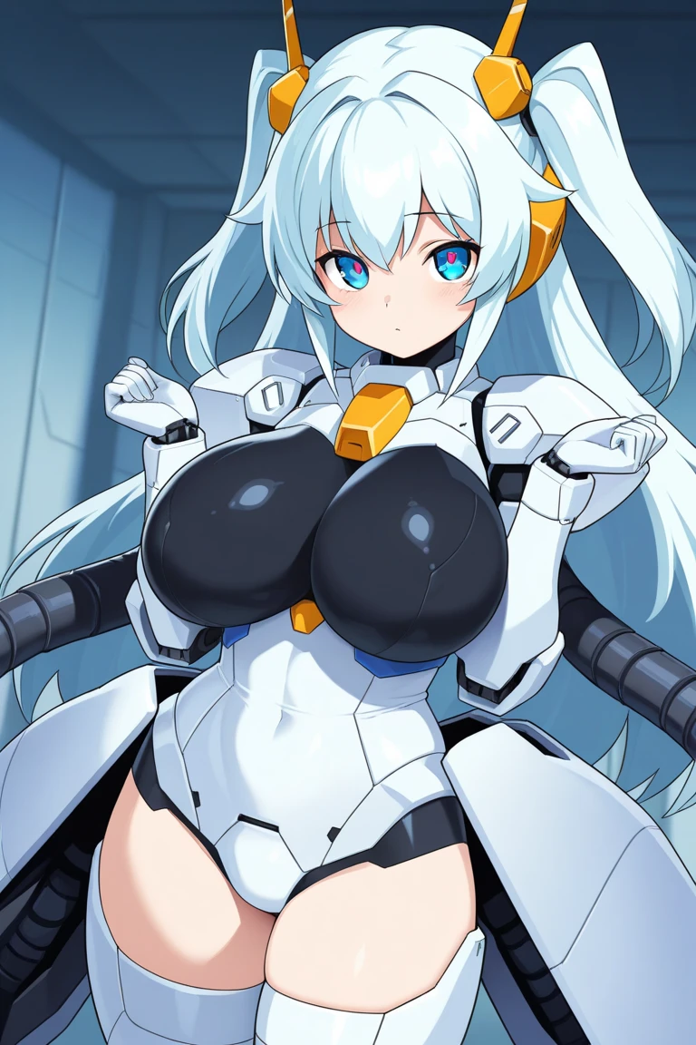 (8k, Realistic, RAW Photos, Highest quality: 1.3), (Fox Girl, Fox Ears, One Girl, Alone on the screen, dark skin, High definition, (boyish, Silver color very short hair), (Silver and blue odd eyes):1.4), とてもbeautiful, (Realistic Face), (maid apron, Clothes that are mainly black with red accents, Long skirt, Clothes with an open chest, (machinery suit, mecha musume):1.5), (Body measurements: 88-55-77!, Height is 145 cm, Nice body, Big Breasts, skirt hold, slender, Accentuate the cleavage:1.6), Standing posture, A brilliance that captivates the viewer, beautiful expression, beautiful breasts, (Realistic Skin), beautiful...