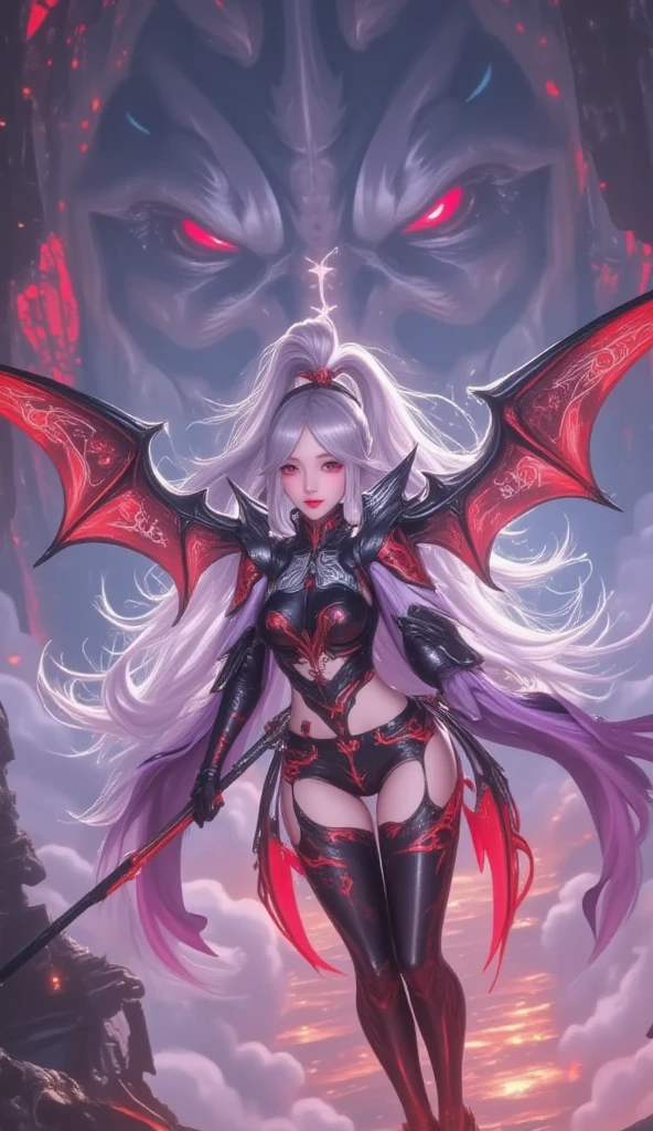 (Masterpiece) 3D high resolution, sitting on a throneAnime character with wings and a full blood body, from the video game Azur Lane, Demon Anime Girl, White Horns Queen Demon, Characters from Azur Lane, Sharp Silver Armor Fuchsia Skin, Mika Kurai Demon, Azur Lane Style, Holy Cyborg Necromancer Girl, Giesha Demon, Beautiful Succubus, Moon Clothing