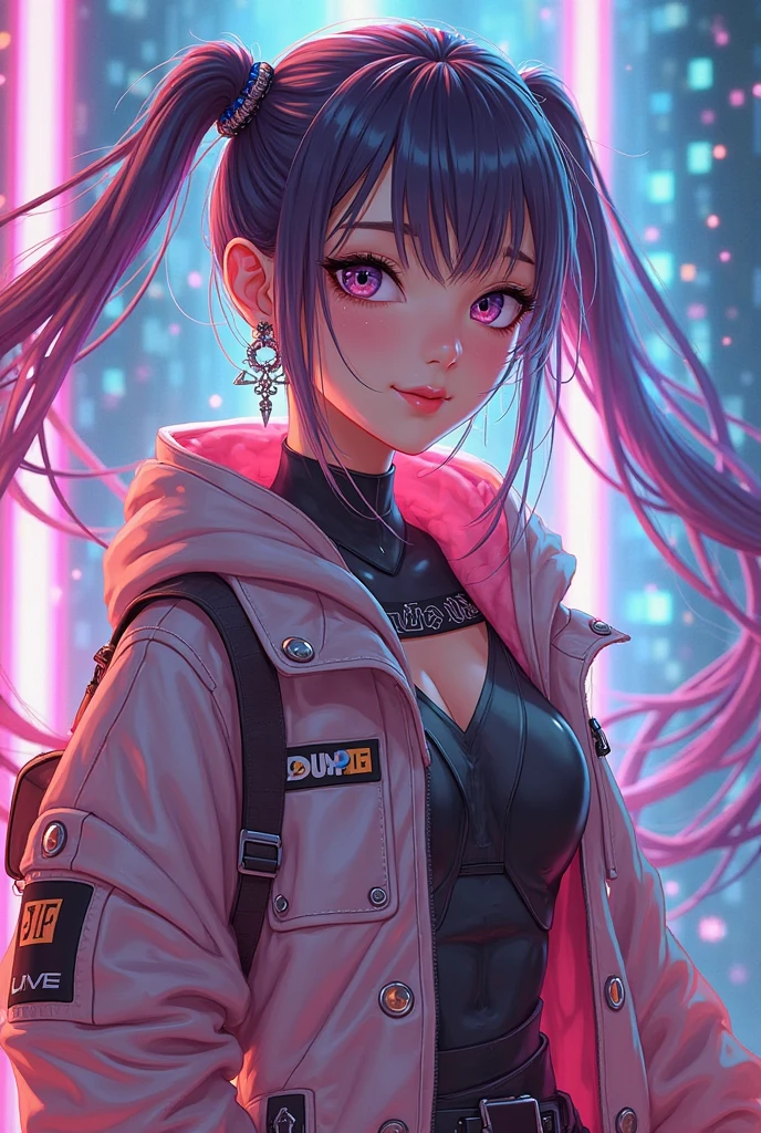 obra prima, 4K Ultra HD, foco nítido, realista, uma garota no estilo Gura Gawr de Hololive, but with the following characteristics: Athletic girl, Wearing a stylized black and white jumpsuit, in a Japanese city at dusk with a purple starry sky with some stars, Inspirado no estilo de arte GUWEIZ