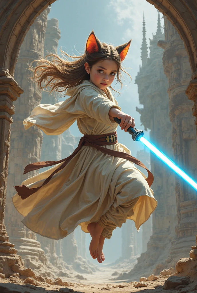 RUSSIAN CHILD GIRL WITH WITH LONG STRAIGHT BLONDE HAIR WITH BRAIDS, PORTRAIT STYLE, CLOSEUP standing in a tunnel with a red lightsaber, 4K lightsaber wallpaper, digital art