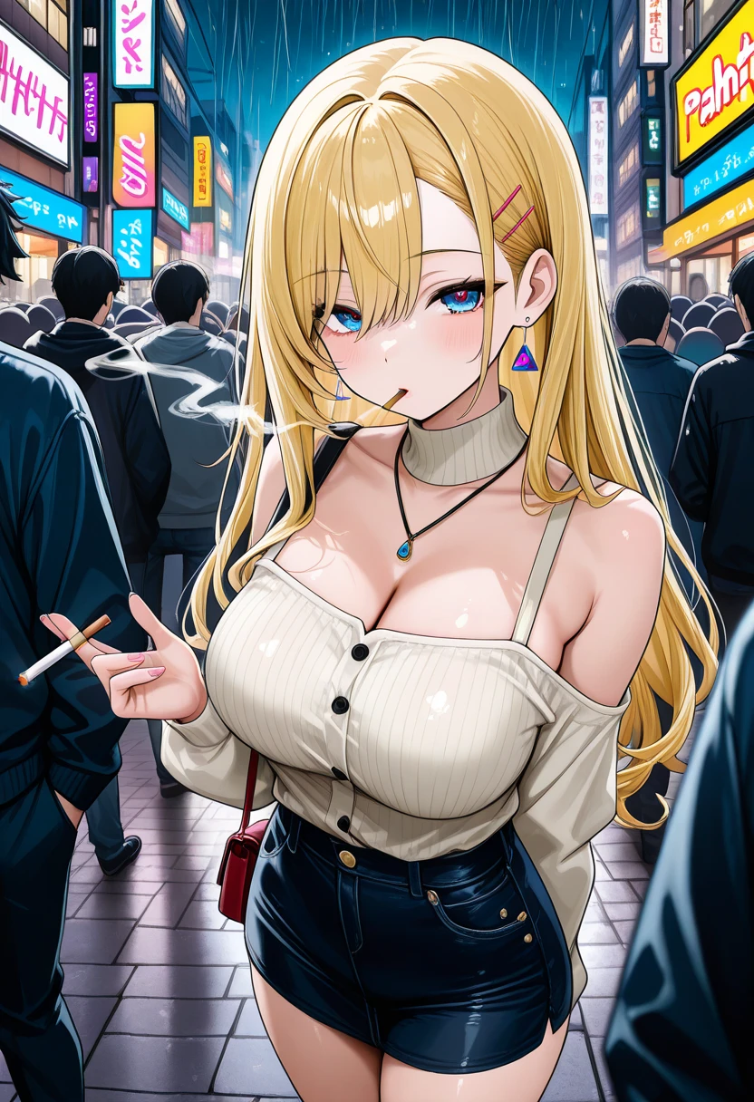 Woman, 1girl, cabelo loiro, blonde hair, cabelo longo, power \(Csm\), olhos amarelos, dentes serrilhados, dentes afiados, dentes pontiagudos, symbol-shaped pupils, pupilas em forma de cruz, sorriso maldoso, imagem espetacular, rosto corado, cena de corpo inteiro, completely naked, Totally not, off shoulder casaco de malhar azul, peito pequeno, chifres, chifres vermelhos, (Antecedentes detalhados: jardim, Noturno, fora), standing pose, corpo molhado, pele brilhante, rosto detalhado, olhos detalhados, anatomia perfeita, Bichana para amostra, virilha inchada, cowboy shot, dynamic pose, Illustration of perfection, Dynamic, altamente detalhado, de frente para o espectador, obscene expression, CIMA POV, estilo quadrinhos, analogue style, illustration, arte linear