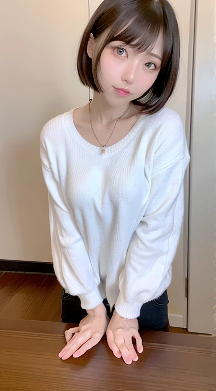 Random pose、highest quality、超A high resolution、(Photorealistic:1.5)、1 girl、sweater、(Long-haired:1.2)、(Big Breasts:1.2)、ryokan、View your viewers、Close-up、Whole Body Ezbian、Bad Eyes、Embarrassed face