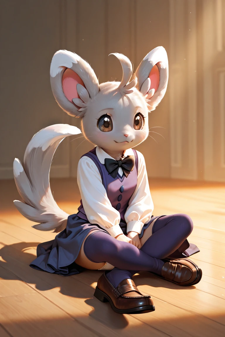 (furry) An anthropomorphic animal girl in the style of the Beastars manga, a herbivorous goat species, tender, tall, voluminous breasts, medium-sized brown eyes, school uniform, age 1. Arms, legs and hands more human than animal and taller, and a small tail like a goat. FURRY