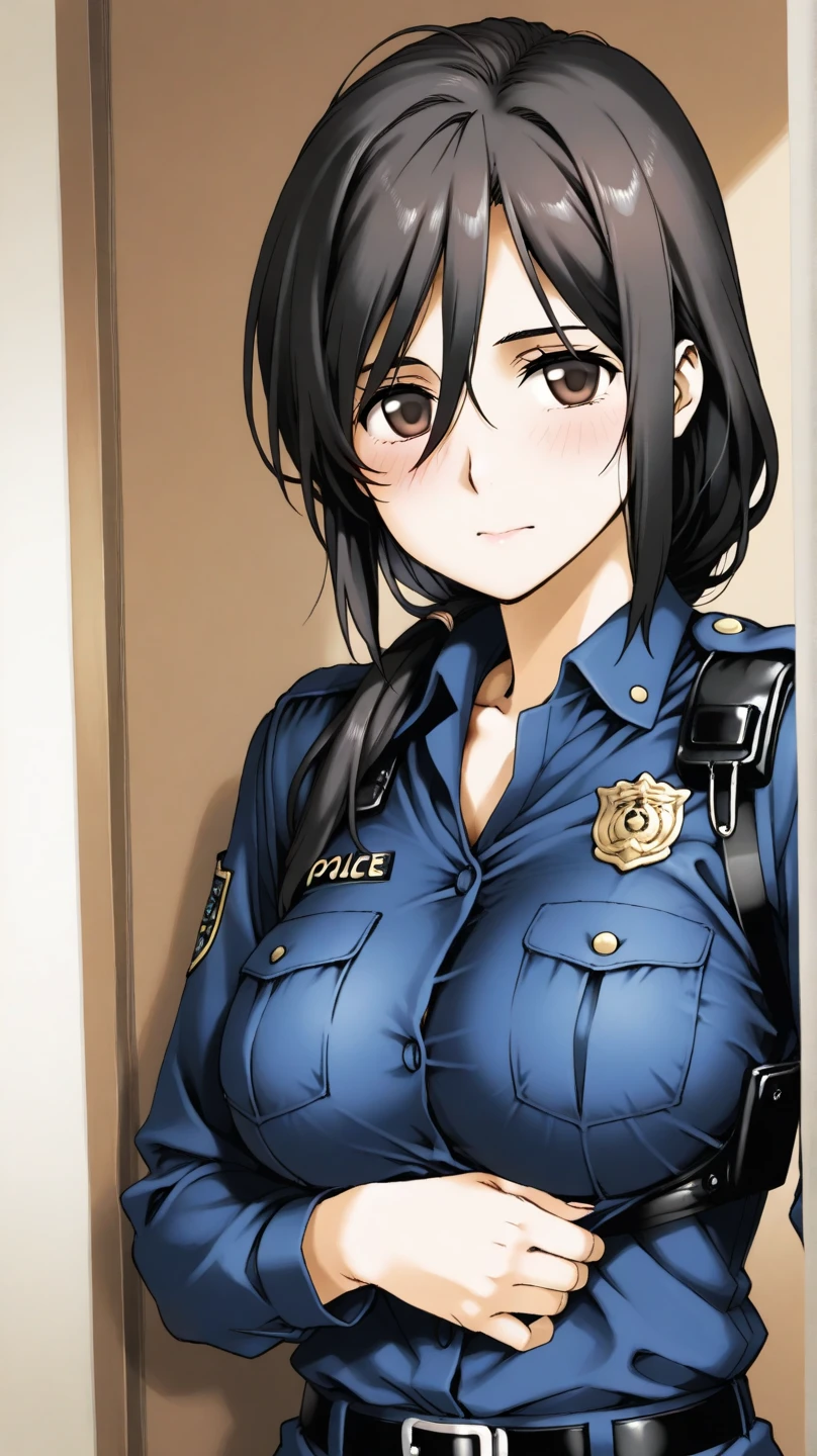 1 girl, black hair, hair bun, improvised gag, tape gag, gagged, uniform school 