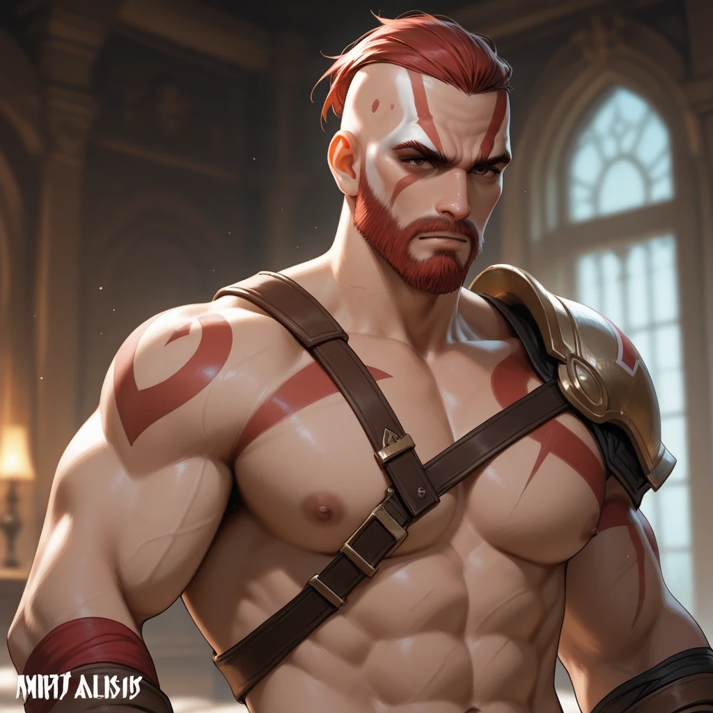 Bald, muscular Scotsman with a long ginger beard deep in thought after a battle