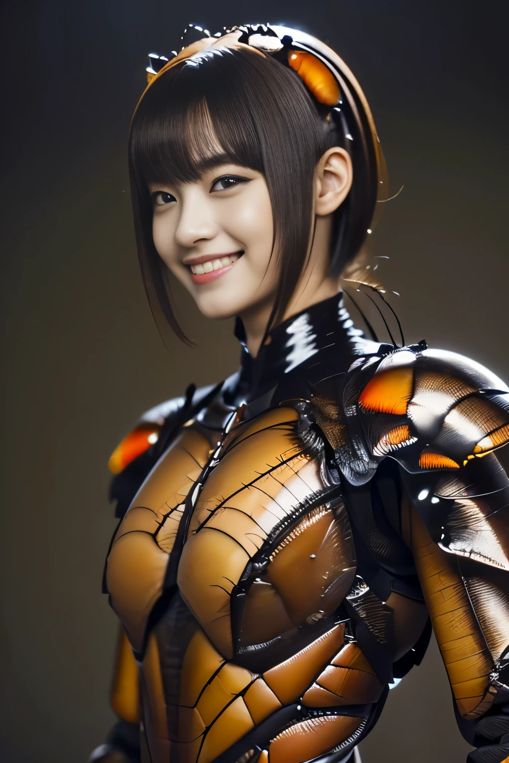 (high resolution,masterpiece,best quality,extremely detailed CG, anime, official art:1.4), realistic, photo, amazing fine details, all intricate, gloss and shiny,awesome many layers, 8k wall paper, 3d, sketch, kawaii, illustration,( solo:1.4), perfect female proportion,villainess, (fusion of dark brown cockroach and lady:1.4), (brown cockroach form lady:1.2), (brown cockroach lady:1.2), (fusion:1.2), (solo:1.4), (evil smile:1.2), muscular, abs, (cockroach brown exoskeleton bio insect suit:1.4), (cockroach brown exoskeleton bio insect armor:1.2), (brown transparency cockroach wing:1.4), (brown cockroach antennae:1.3),