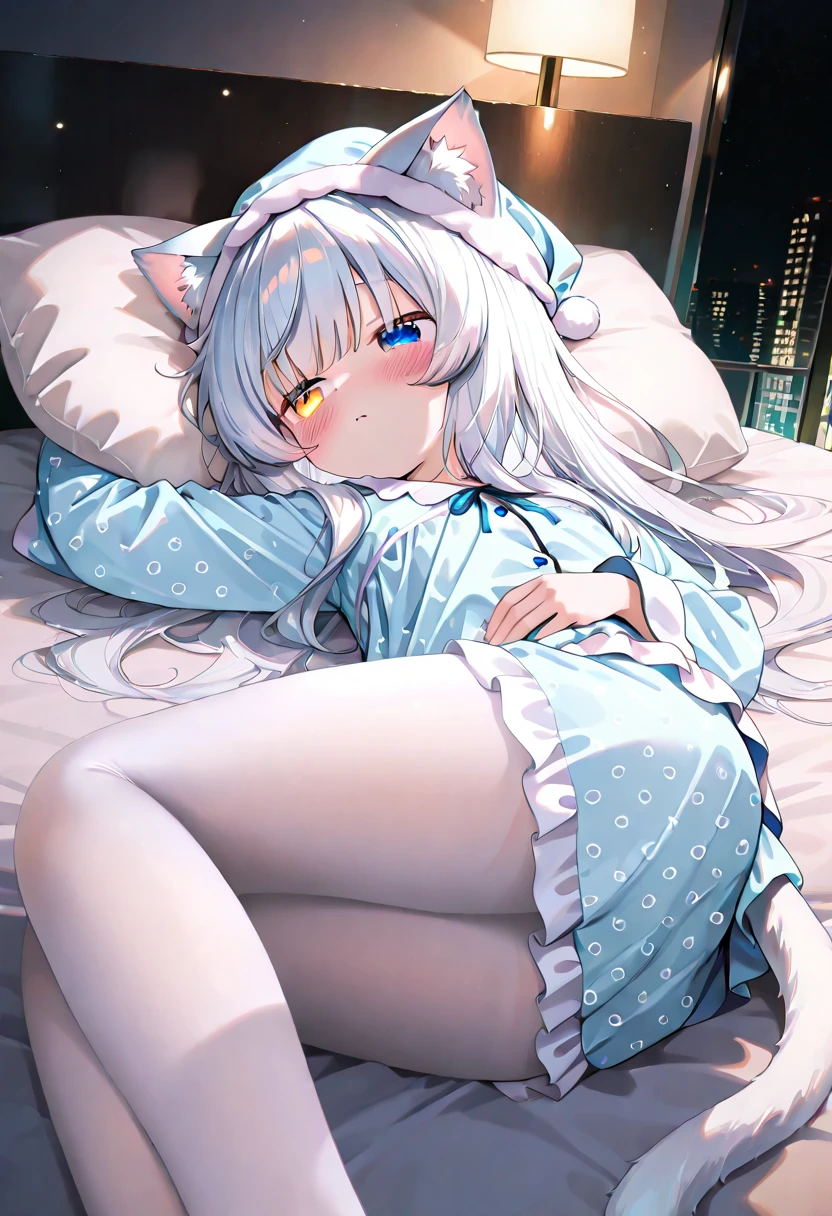 Anime, 1girl, backside view, white hair, sectoral heterochromia (one blue eye and one white eye).., blue eyes, glowing eyes, fishnet leggings, white winter sweater, mini-skirt, white underwear, slight smile, blush, cozy house, fireplace, white neck bow, white fox ears, black tight leggings, blue glowing, bedroom, back view, pillows, steaming hot cocoa, candy cane, lit candles, chocolate bar, lying down,
