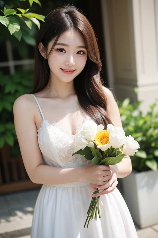 Best quality at best, tmasterpiece, 超高分辨率 (realisticlying: 1.4), RAW photogr, 1 girl, White dress, exposed bare shoulders, Field of blooming pink flowers, Glowing skin, light smile