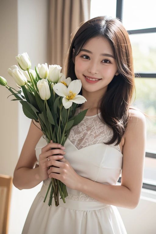 masterpiece, best quality, High school student,shirt,Thin stature,White background,happy,Smile,Smile,Hair accessories,Light,Sunlight,Lighting,Light and Shadow,(Extremely detailed CG unity 8k wallpaper), (best quality), (Best Illustration Award), (The best shadow), absurd, Realistic lighting, (abyss), Beautiful and delicate light, Leng Jun