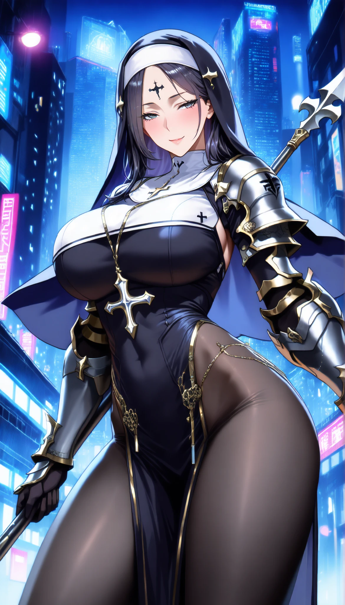 long black hair, colored skin, brown skin, blue eyes, solo, standing, upper body, hips, gigantic breasts, black clothes, cleavage,ultra-detailed(best quality,highres:1.2), ultra-detailed eyes