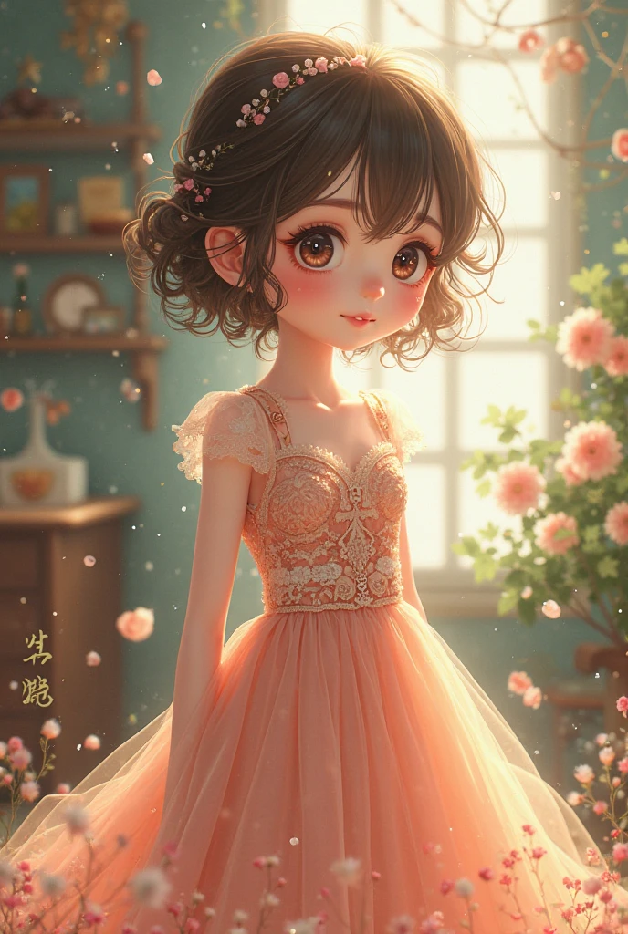 A 1 girl with short hair and her skin colour is light brown and her height is 146 cm wear a nice gown