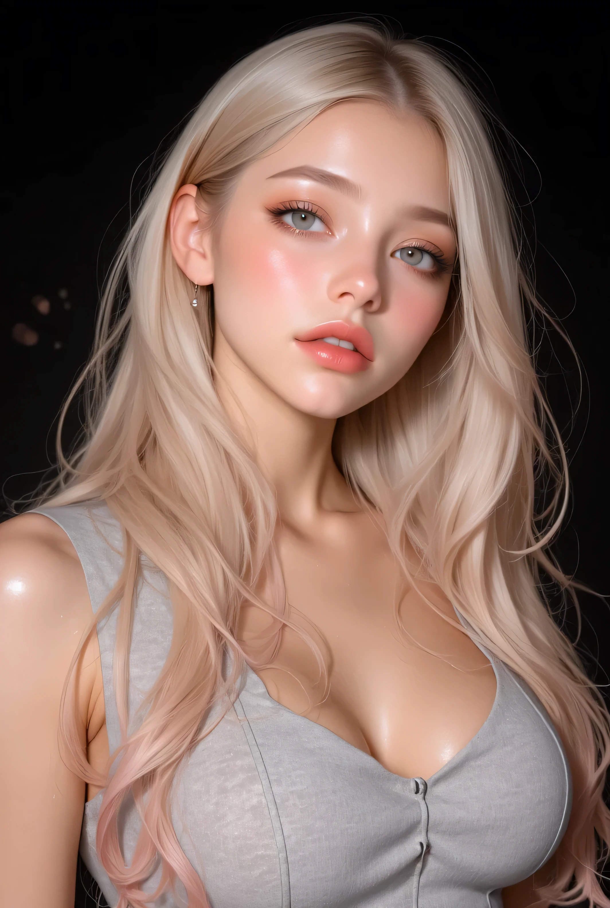 Photorealistic portrait of a stunning young Russian woman, waist-up view, elegant and clean composition, pale porcelain skin, long straight hair in ultra-light platinum blonde (almost white gold), slightly tousled, naturally parted, icy blue almond-shaped eyes with delicate eyeliner and soft lashes, full soft pink lips, high cheekbones, perfect skin texture, subtle expression with a calm confident gaze. She is wearing a light grey sleeveless top (summer wear), no accessories, no headphones.
Shot with a Canon EOS R5, 50mm lens, f/2.8 aperture, RAW photo, HDR, ultra-realistic rendering, 8K resolution, ray traced reflections, professional soft studio lighting, smooth bokeh background, black backdrop for PNG extraction, high detail, elegant pose, photoreal style, slender upper body."