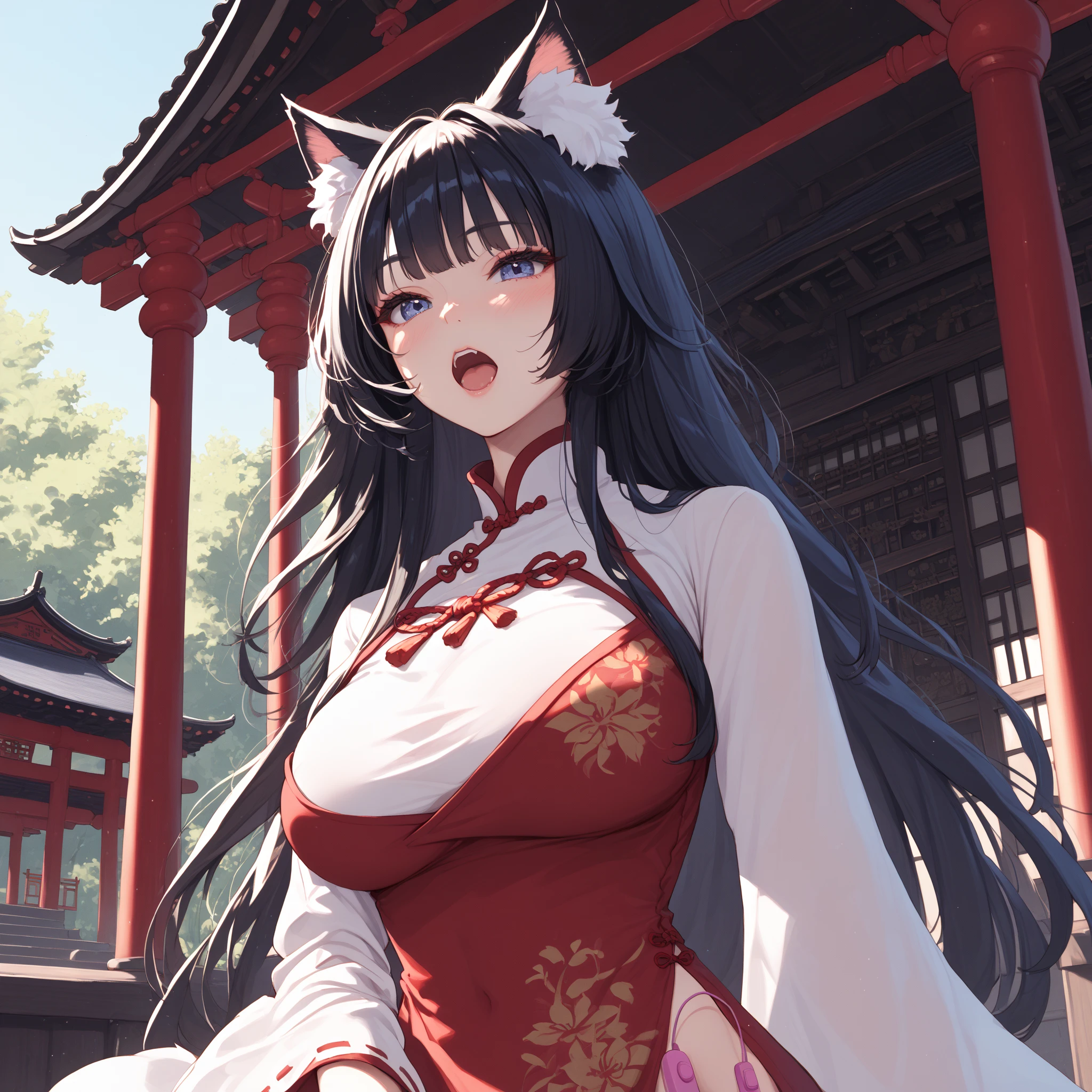 (((masterpiece, best quality))), (((superior quality))), cute girl, ((extremely detailed girl)), ((huge breasts)), fox ear, shrine maiden, (bare shoulders), strapless top